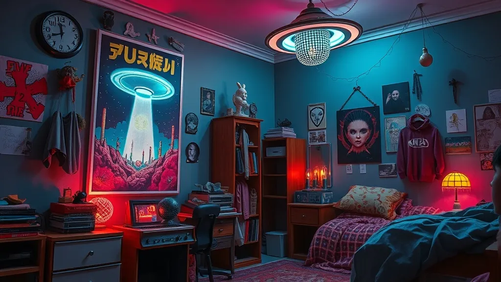 Chambre adolescente remplie d'objets occultes et de lumière néon, évoquant l'énergie absurde de Dandadan