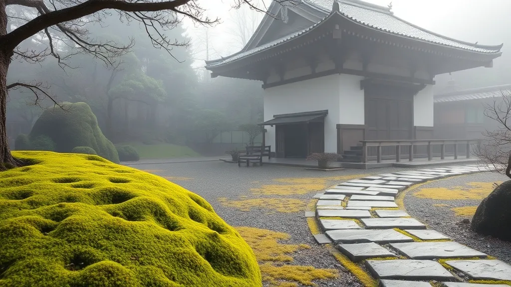 Jardin de temple à Kyoto au petit matin, avec mousse, pierres et lumière douce