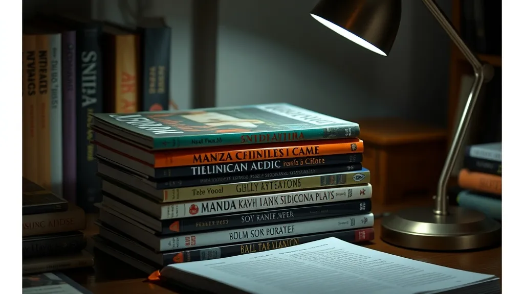 Petite pile de mangas terminés sur un bureau avec lampe de lecture