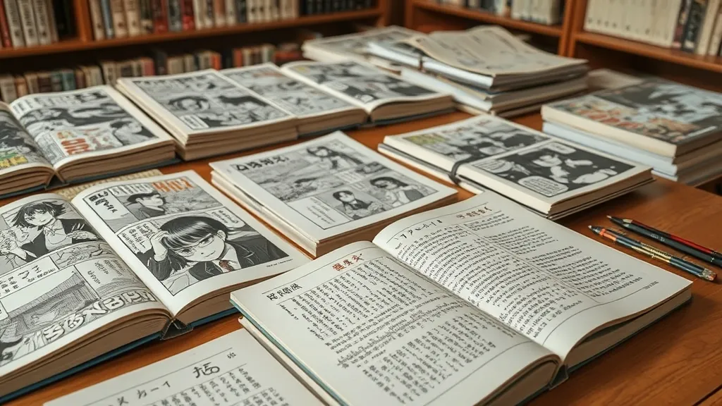 Table d'archives avec mangas classiques japonais, notes critiques et crayon