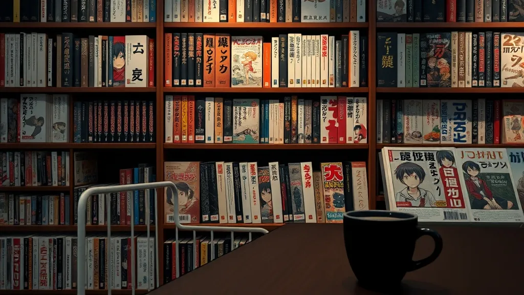 Étagère de mangas seinen dans une librairie calme, avec lumière tamisée et ambiance adulte