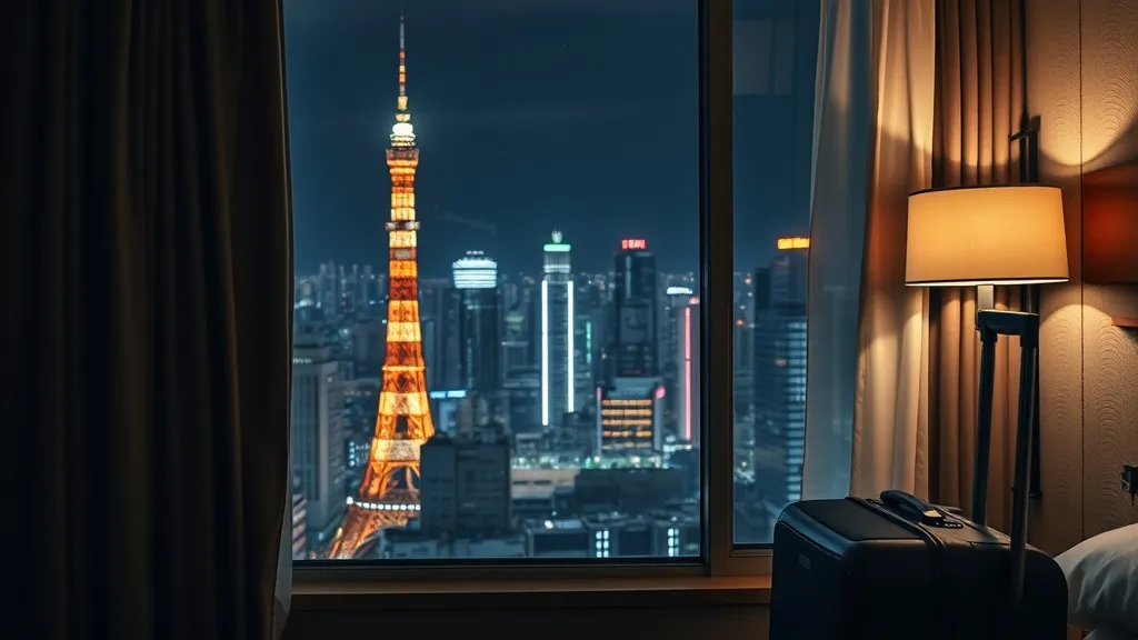 Chambre d'hôtel à Tokyo avec valise et vue nocturne sur les immeubles lumineux