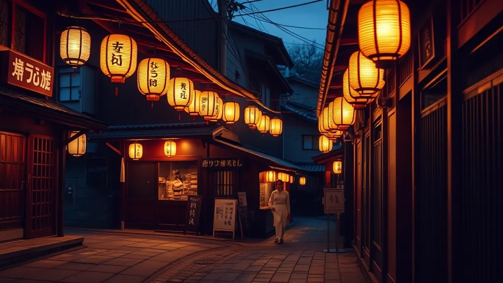 Ruelle traditionnelle japonaise au crépuscule, lanternes allumées